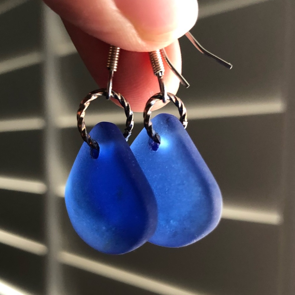 Cobalt Blue Sea glass earrings set Hook style earrings
